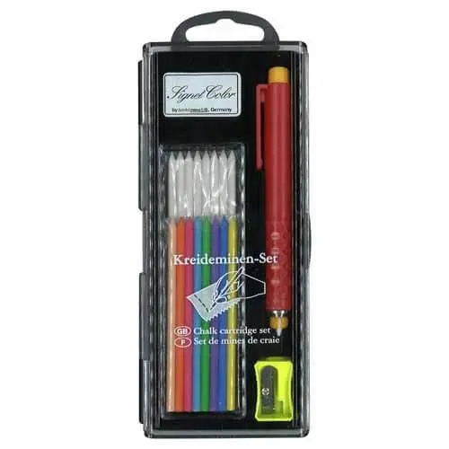 Estuche de portaminas, minas de tiza y sacapuntas